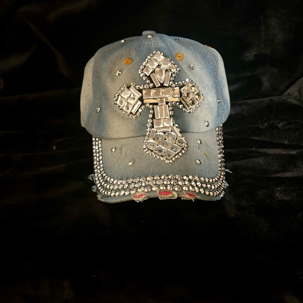 NWOT Embellished Denim Cap with Cross Design - Picture 2 of 3